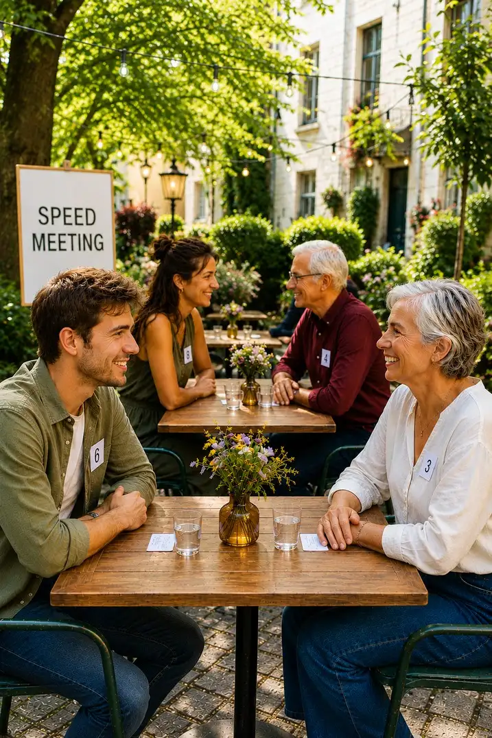 Speed-Meeting-Flyer-Seite mit Titel „Hallo Du!“, Datum 08.10.2026, Uhrzeit 16–19 Uhr, Ort Ratssaal (Sehnde) und Hinweis auf Anmeldung sowie 3 € Teilnahmegebühr.